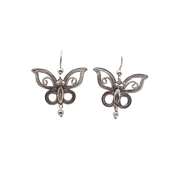 BJ 925 Sterling Silver Filigree Butterfly Moth Insect Dangle Drop Earring VTG - Picture 1 of 5